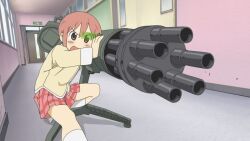  anime_screenshot blush brown_eyes brown_hair female gatling_gun gun hallway heads-up_display hyadain_no_kakakata_kataomoi_-_c knee_up kneehighs nichijou open_mouth outstretched_leg school school_uniform serafuku socks solo squatting tachibana_misato tokisadame_school_uniform weapon 