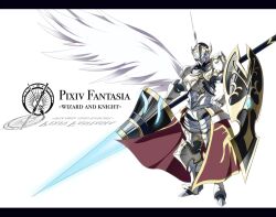  1boy armor breastplate commentary_request full_armor gauntlets greaves helmet horns km_yama knight lance letterboxed male_focus pauldrons pixiv_fantasia pixiv_fantasia_wizard_and_knight polearm shield shoulder_armor single_horn single_wing solo weapon wings 