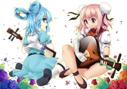  2girls aqua_dress bachi bad_id bad_pixiv_id bandages biwa_lute blue_eyes blue_flower blue_hair blue_rose bow breasts bun_cover chinese_clothes double_bun dress flower green_skirt hair_bun hair_ornament hair_rings hair_stick ibaraki_kasen instrument kaku_seiga kotomuke_fuurin lute_(instrument) medium_dress miniskirt multiple_girls pink_eyes pink_flower pink_hair pink_rose plectrum ribbon-trimmed_skirt ribbon_trim rose shamisen short_hair short_sleeves single_hair_bun skirt small_breasts smile touhou 