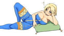  bare_shoulders blonde_hair blue_eyes bodysuit breasts bursting_breasts cleavage female female final_fantasy final_fantasy_tactics large_breasts lying monk monk_(fft) pillow short_hair solo tsukudani_(coke-buta) tukudani 