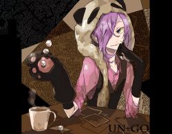  1boy bad_id bad_pixiv_id cup gloves hair_over_one_eye headwear_with_attached_mittens inga kairinn0952 male_focus mug panda_hat photo_(object) purple_hair solo sugar_cube table un-go vest waistcoat 