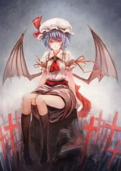  ascot bat_wings black_socks blue_hair brooch bryanth commentary_request cross female hat highres jewelry kneehighs looking_at_viewer photoshop_(medium) red_eyes remilia_scarlet short_hair sitting socks solo touhou wings 