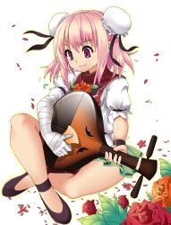  bachi bad_id bad_pixiv_id bandages biwa_lute bow breasts bun_cover chinese_clothes double_bun female flower hair_bun ibaraki_kasen instrument kotomuke_fuurin lute_(instrument) pink_eyes pink_flower pink_hair pink_rose plectrum rose short_hair small_breasts smile solo touhou 