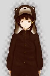  animal_costume animal_ears asymmetrical_hair bad_id bad_pixiv_id bear_costume bear_ears brown_eyes brown_hair female hair_tie haraguro_panda highres hood hoodie iwakura_lain serial_experiments_lain short_hair solo 