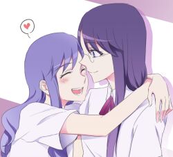  ^_^ bad_id bad_pixiv_id blush closed_eyes glasses happy heart heartcatch_precure! hug kurumi_momoka long_hair multiple_girls negom open_mouth precure profile purple_eyes purple_hair ribbon school_uniform short_sleeves smile spoken_heart tsukikage_yuri yuri 