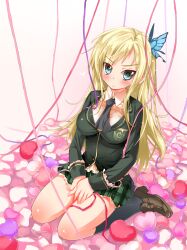  bad_id bad_pixiv_id blonde_hair blush boku_wa_tomodachi_ga_sukunai bug butterfly butterfly_hair_ornament female hair_ornament heart highres kashiwazaki_sena kneeling long_hair school_uniform seiza sitting sodapop_(iemaki) solo st._chronica_academy_school_uniform 