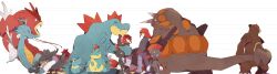  2boys alternate_color bad_id bad_pixiv_id bird croconaw dual_persona feline feraligatr gloves gyarados hands_in_pockets hat highres honchkrow kingdra multiple_boys murkrow otoufu_(oto_hu) pokemon pokemon_(creature) pokemon_adventures red_hair rhyperior shiny_pokemon silver_(pokemon) simple_background sneasel totodile ursaring weavile 