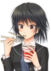  amagami black_eyes black_hair black_jacket blush chopsticks commentary_request cup_ramen eating female flat_chest food jacket kamaboko kibito_high_school_uniform long_sleeves nanasaki_ai narutomaki noodles school_uniform short_hair simple_background solo steam swirl takeru_(at_will) upper_body white_background 