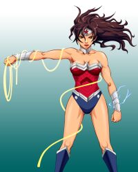  amazon blue_eyes boots bouzu_oyaji brown_hair choker dc_comics female female lasso leotard long_hair princess_diana_of_themyscira rope solo standing tiara tonbo_mam wonder_woman wonder_woman_(series) wristband 