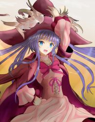  bad_id bad_pixiv_id blue_eyes bow coat corset cross-laced_clothes cross-laced_skirt female frilled_skirt frills furudo_erika hand_on_headwear hand_on_own_hip hand_up hat high-waist_skirt long_hair open_mouth pink_bow purple_hair skirt smile solo twintails umineko_no_naku_koro_ni witch_hat yodori 