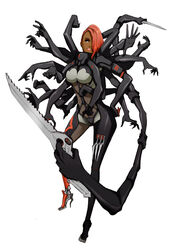  absurdres bad_id bad_pixiv_id bodysuit cyborg dark-skinned_female dark_skin extra_arms female fingernails full_body hair_over_one_eye hand_saw high_heels highres knife lipstick long_hair looking_up makeup metal_gear_(series) metal_gear_rising:_revengeance mistral_(metal_gear_rising) mole nimaigai777 pink_hair saw shoes simple_background solo weapon white_background 