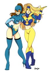  2girls blonde_hair blue_beetle booster_gold brown_hair dc_comics earth_11 female full_body goggles high_heels midriff multiple_girls rule_63 standing superhero ted_kord transparent_background 