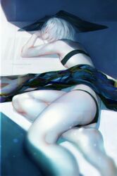  bow chromatic_aberration commentary female hairbow highres lying original pale_skin short_hair sleeping symbol-only_commentary tmt underwear underwear_only white_hair 