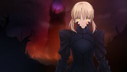  armor armored_dress artoria_pendragon_(fate) blonde_hair commentary dress english_commentary fate/stay_night fate_(series) female great_grail highres saber_alter solo tusia yellow_eyes 