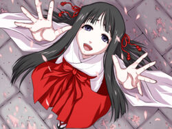  black_hair blue_eyes cherry_blossoms commentary_request female iga_tomoteru japanese_clothes miko original petals reaching solo 