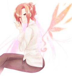  absurdres aozaki_touko bad_id bad_pixiv_id breast_hold breasts business_casual cigarette commentary_request crossed_legs dress_shirt female glasses highres kamehima kara_no_kyoukai long_hair pants ponytail red_eyes red_hair shirt sitting smile smoking solo wings 