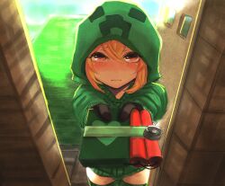  at2. blonde_hair blush bomb commentary cowboy_shot creeparka creeper cupa_(at2.) doorway dynamite explosive female gift gloves heart highres hood hoodie incoming_gift looking_at_viewer minecraft personification pov_doorway red_eyes short_hair solo thighhighs valentine 