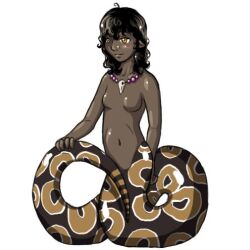  bare_shoulders black_hair blush dark_skin jewelry lamia monster_girl naked necklace no_nipples nude orange_eyes pointy_ears 