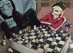  2boys alphonse_elric board_game book chess edward_elric fullmetal_alchemist lowres multiple_boys official_art sleeping 