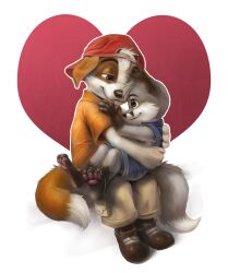  2012 anthro backwards_baseball_cap backwards_hat baseball_cap canid canine canis clothing dipstick_tail domestic_dog duo fox hat headgear headwear heart_symbol hug male mammal markings silverfox5213 simple_background tail tail_markings white_background young young_anthro 