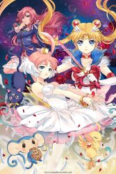  3girls ahiru_(duck)_(princess_tutu) ahiru_(princess_tutu) ahoge back_bow bird bishoujo_senshi_sailor_moon bishoujo_senshi_sailor_moon_supers blonde_hair blue_eyes blue_sailor_collar blush bow choker chu_chu_(shoujo_kakumei_utena) commentary_request cookie crossover crown double_bun dress dual_persona duck eating elbow_gloves feline flower food gloves gold_crown hair_bun hair_ornament hairpin heart heart_choker holding holding_wand kaleidomoon_scope kaze-hime long_hair luna_(sailor_moon) magical_girl mini_crown monkey multiple_crossover multiple_girls photoshop_(medium) pink_hair pointed_crown princess_tutu princess_tutu_(character) red_bow red_choker red_flower red_rose rose sailor_collar sailor_moon sailor_senshi_uniform serious short_hair shoujo_kakumei_utena super_sailor_moon tenjou_utena tsukino_usagi tutu twintails wand watermark web_address white_dress white_flower white_gloves white_rose 