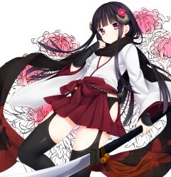  bad_id bad_pixiv_id bell black_hair black_scarf black_thighhighs blunt_bangs chrysanthemum etou_(cherry7) expressionless female floral_background flower garter_belt hair_flower hair_ornament hakama hakama_short_skirt hakama_skirt highres holding holding_weapon horns inu_x_boku_ss japanese_clothes jingle_bell long_hair long_sleeves miko naginata polearm scarf shirakiin_ririchiyo skirt solo thighhighs weapon wide_sleeves 