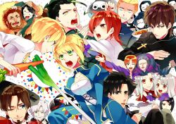  6+boys 6+girls ahoge artoria_pendragon_(fate) assassin_(fate/zero) bad_id bad_pixiv_id berserker_(fate/zero) black_eyes black_hair blonde_hair blue_eyes blue_hair brown_eyes brown_hair carrot cigarette commentary_request cross cross_necklace diarmuid_ua_duibhne_(lancer)_(fate) dragon_quest emiya_kiritsugu everyone fate/zero fate_(series) flag food gilgamesh_(fate) gilles_de_rais_(caster)_(fate) green_eyes gum_(gmng) hisau_maiya illyasviel_von_einzbern irisviel_von_einzbern iskandar_(fate) jewelry kayneth_el-melloi_archibald kotomine_kirei mapo_tofu mask matou_kariya mercury_(element) metal_slime middle_finger mother_and_daughter multiple_boys multiple_girls necklace one_eye_closed parody photo_(object) red_eyes red_hair saber_(fate) slime_(creature) sola-ui_nuada-re_sophia-ri spring_onion tohsaka_tokiomi uryuu_ryuunosuke volumen_hydragyrum_(fate) waver_velvet white_hair yellow_eyes 