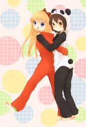  2girls animal_costume barefoot blue_eyes bow brown_eyes commentary_request funami_yui hairbow highres hug multiple_girls open_mouth pajamas panda_costume sa_ioio toes tomato_costume toshinou_kyouko yuru_yuri 