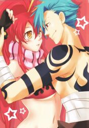  blue_hair couple kamina red_hair tattoo tengen_toppa_gurren_lagann yoko_littner yoko_littner 