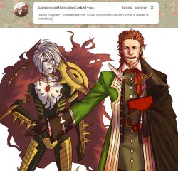  2boys armor bad_source beard belt bishounen black_gloves bodysuit book brown_eyes brown_hair cape chest_jewel coat commentary facial_hair fate/apocrypha fate_(series) gem gloves holding holding_book karna_(fate) looking_at_another male_focus moustache muffintosser multiple_boys open_mouth pale_skin quill red_scarf scarf smile spiked_gloves tumblr white_background white_hair william_shakespeare_(fate) 