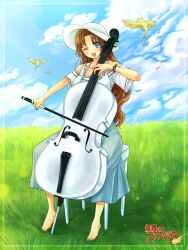  barefoot bird blue_eyes bracelet brown_hair cello chair chihiro_(sugarless) cloud day dress female field grass happy hat instrument jewelry long_dress long_hair mugen_no_fantasia music nature one_eye_closed open_mouth playing_instrument sitting sky smile solo 