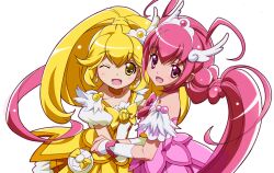  2girls blonde_hair bow choker commentary_request cure_happy cure_peace eyelashes hair_flaps hoshizora_miyuki magical_girl multiple_girls nyoro_(nyoronyoro000) one_eye_closed photoshop_(medium) pink_choker pink_eyes pink_hair precure skirt smile_precure wide_ponytail yayoi_kise yellow_bow yellow_eyes yellow_skirt 