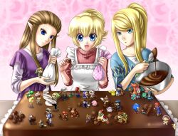  3girls alternate_costume apron blonde_hair blue_eyes blue_pikmin bowser brown_hair cake captain_falcon casual charizard chocolate commentary_request diddy_kong donkey_kong donkey_kong_(series) donkey_kong_country f-zero family_computer_robot fire_emblem food fox_mccloud game_&amp;_watch ganondorf heart-shaped_food highres ice_climber icing ike_(fire_emblem) in_food inugami-ke_no_ichizoku_pose ivysaur jigglypuff kid_icarus king_dedede kirby kirby_(series) link long_hair lucario lucas_(mother_3) luigi mario mario_(series) marth_(fire_emblem) meta_knight metal_gear_(series) metal_gear_solid metroid mini_person miniboy minigirl mixing_bowl mother_(game) mother_2 mother_3 mr._game_&amp;_watch multiple_girls nana_(ice_climber) ness_(mother_2) olimar pastry_bag pikachu pikmin_(creature) pikmin_(series) pink_background pit_(kid_icarus) pointy_ears pokemon pokemon_(creature) pokemon_frlg popo_(ice_climber) princess_peach princess_zelda red_(pokemon) red_pikmin samus_aran sleeves_pushed_up sleeves_rolled_up solid_snake sonic_(series) sonic_the_hedgehog spoon squirtle star_fox super_smash_bros. the_legend_of_zelda the_legend_of_zelda:_twilight_princess toon_link valentine wario warioware wolf_o&#039;donnell yellow_pikmin yoshi yuino_(fancy_party) 