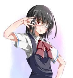  another bad_id bad_pixiv_id black_hair blush bow bowtie eyepatch female heart highres lips macross macross_frontier misaki_mei parody school_uniform seikan_hikou short_hair smile solo yomiyama_north_junior_high_school_uniform yuutarou_(fukiiincho) 