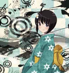  .line aqua_kimono araragi_tsukihi black_eyes black_hair commentary_request egg_hair_ornament female food-themed_hair_ornament hair_ornament highres japanese_clothes kimono monogatari_(series) nisemonogatari short_hair solo 