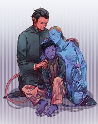  2boys aged_down animification azazel_(x-men) bad_id bad_pixiv_id black_hair blue_skin colored_skin demon family father_and_son female kurt_wagner marvel mother_and_son multiple_boys mystique nightcrawler nude one_eye_closed photoshop_(medium) pointy_ears pukun red_hair red_skin tail x-men x-men:_first_class 