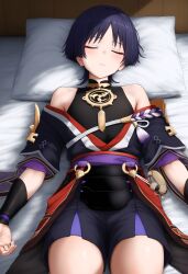  1femboy ai_generated bangs bed bedroom blue_hair blue_hair_male closed_eyes clothed clothed_male clothing commentary_request english_commentary femboy femboy_only genshin_impact hd hi_res highres laying_on_back laying_on_bed light-skinned_male light_skin mixed-language_commentary pillow scaramouche_(genshin_impact) sfw short_hair short_hair_male sleeping solo solo_femboy thighs very_high_resolution 