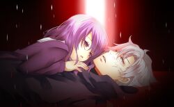  1boy aged_down commentary_request fate/zero fate_(series) female kurot matou_kariya matou_sakura purple_eyes purple_hair uncle_and_niece white_eyes white_hair 