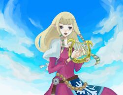  bad_id bad_pixiv_id belt blonde_hair blue_eyes bracelet female hachimoka instrument jewelry long_hair lyre pointy_ears princess_zelda smile solo the_legend_of_zelda the_legend_of_zelda:_skyward_sword 