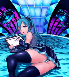  aqua_eyes aqua_hair ass bed commentary_request detached_sleeves female gogatsu_no_renkyuu google hatsune_miku headphones highres long_hair looking_at_viewer looking_back lying necktie on_side open_mouth panties photoshop_(medium) skirt solo striped_clothes striped_panties thick_thighs thighhighs thighs twintails underwear very_long_hair vocaloid 