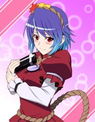  blue_hair blush box commentary_request dress female gift gift_box h-new hair_ornament holding_own_wrist mirror photoshop_(medium) red_dress red_eyes rope short_hair slit_pupils smile solo touhou valentine yasaka_kanako 