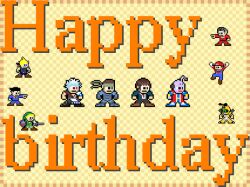  1boy alien bandana blonde_hair blue_hair buster_sword capcom cloud_strife final_fantasy final_fantasy_vii formal game_sprite gintama happy_birthday kyon link male male_focus mario mario_(series) medarot medarot medarots metabee metal_gear metal_gear_(series) metal_gear_solid miles_edgeworth mitsurugi_reiji naruhodou_ryuuichi naruhodou_ryuuichi objection parody pixel_art rockman solid_snake solo style_parody suit super_mario_bros. suzumiya_haruhi_no_yuuutsu sword the_legend_of_zelda weapon 