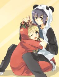  2girls animal_costume black_hair blonde_hair blue_eyes brown_eyes chocolate commentary_request funami_yui gift hareta multiple_girls one_eye_closed open_mouth pajamas panda_costume photoshop_(medium) sitting sitting_on_lap sitting_on_person tomato_costume toshinou_kyouko yuru_yuri 