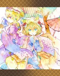  animal animal_ears blonde_hair blue_eyes ear female fox_ears fox_tail hat legomaru long_hair multiple_tails purple_eyes short_hair tail touhou traditional_media yakumo_ran yakumo_yukari 