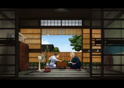  1boy anbe_yoshirou board_game closed_eyes commentary_request couple electric_fan female grey_hair hand_fan highres japanese_clothes kimono old old_man old_woman original photoshop_(medium) shogi smile straight surprised white_hair wind_chime 