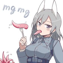  animal_ears aurora_e._juutilainen bad_id bad_source blue_eyes eating female fork grey_hair jpeg_artifacts mg_mg military military_uniform null_(nyanpyoun) solo strike_witches:_aurora_no_majo tentacle uniform wolf_ears wolf_girl world_witches_series 