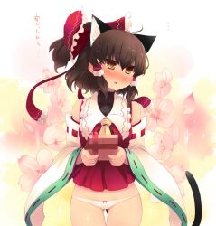  ahoge animal_ears ascot bow brown_hair cat_ears cat_tail detached_sleeves female gift hairbow hakurei_reimu kemonomimi_mode lowleg lowleg_panties no_pants panties ponytail shin_(new) solo tail touhou translated underwear yellow_eyes 