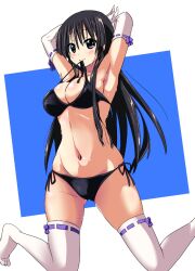  akiyama_mio armpits arms_behind_head arms_up bad_anatomy bad_id bad_pixiv_id bikini bikini_in_mouth black_bikini black_eyes black_hair breasts cleavage clothes_in_mouth elbow_gloves female gloves halterneck k-on! kneeling kurou_(quadruple_zero) large_breasts long_hair mouth_hold navel painttool_sai_(medium) side-tie_bikini_bottom skindentation solo sweat swimsuit thighhighs white_thighhighs 