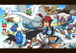  altaria beak bird blue_eyes blue_feathers chatot commentary_request crobat crop_top day delibird doduo drifblim emolga farfetch&#039;d fearow feathers female fluffy flying gliscor ho-oh hogi hoothoot hoppip jumpluff letterboxed mantine masquerain midriff murkrow natu navel pidgey pokemon pokemon_(creature) pokemon_bw red_hair rotom rotom_(fan) rufflet skarmory sky skyla_(pokemon) staravia swanna swellow swoobat togekiss tropius unfezant unfezant_(female) vullaby white_feathers 