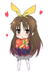  1boy bad_id bad_pixiv_id brown_eyes brown_hair chibi crossdressing gift hair_ornament heart little_busters! little_busters!_school_uniform long_hair male_focus masayu naoe_riki otoko_no_ko school_uniform solo thighhighs 